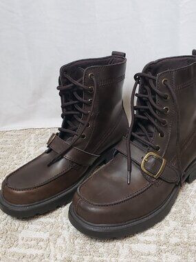 Sketchers Glenn Cinder Brown Leather Biker Boot Lace Up Buckle Strap Men's 11